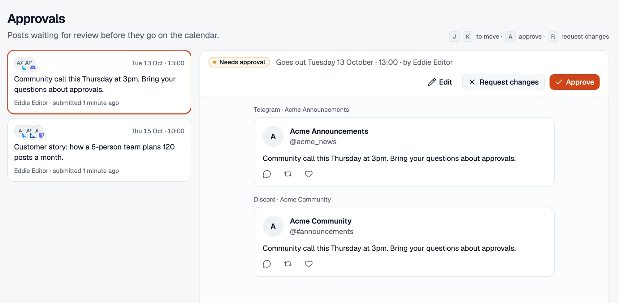 The approvals inbox with two posts waiting for review.