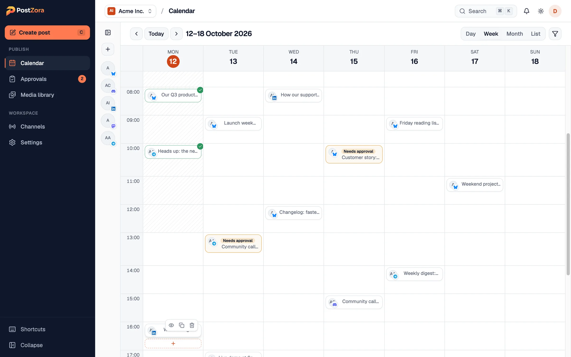 The Postzora calendar: a week of posts across LinkedIn, Bluesky, Mastodon, Telegram and Discord, two of them waiting for approval.