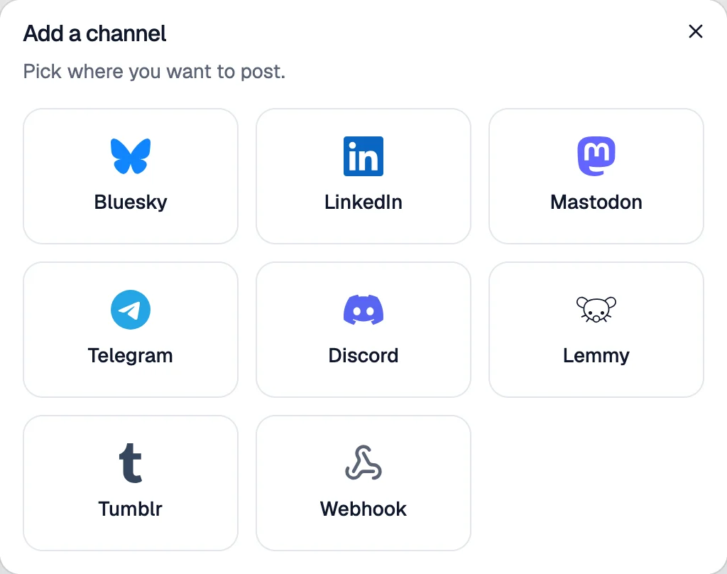 Choosing a network to connect, including Telegram, Discord and Lemmy.