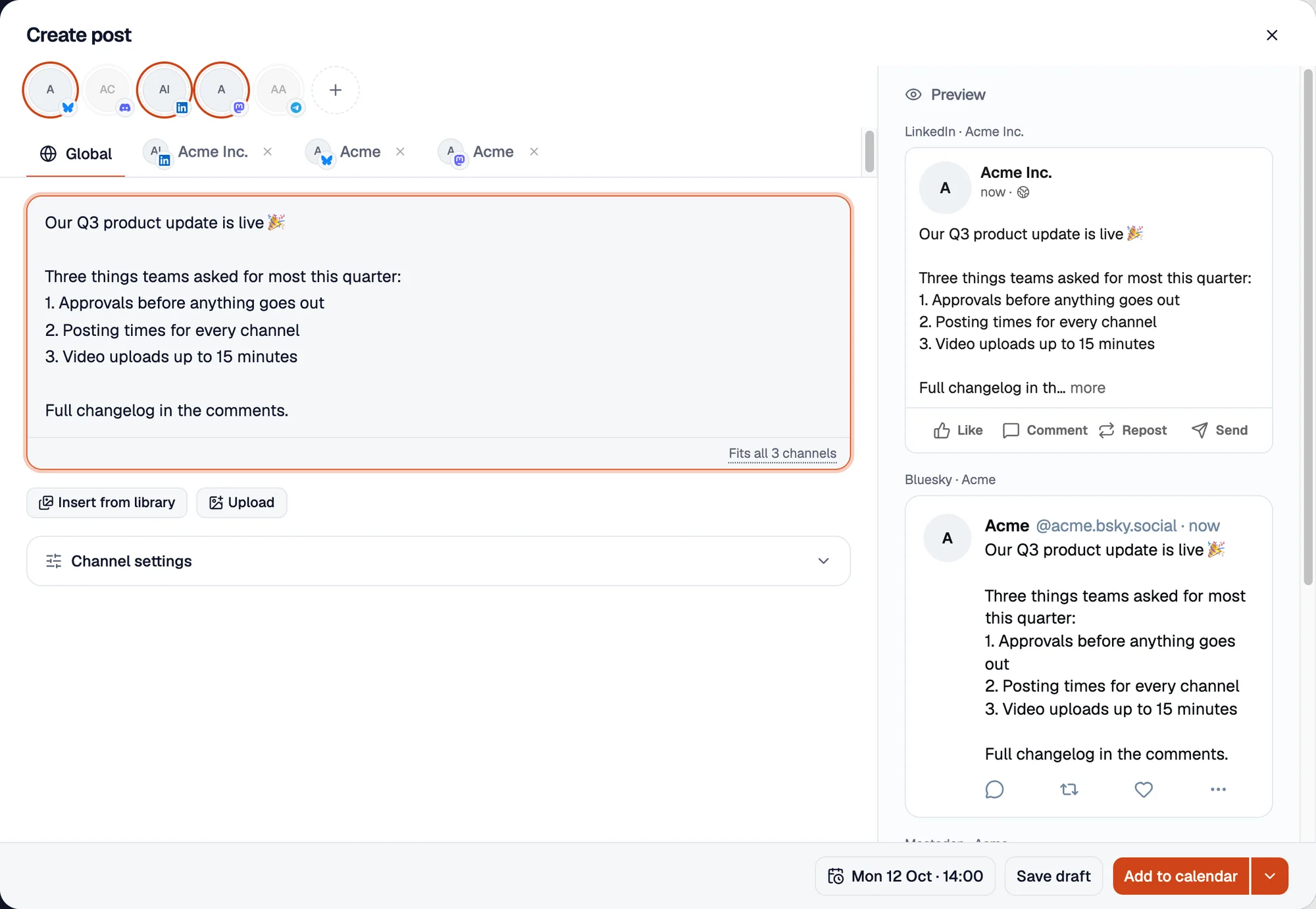 The composer writing one post for LinkedIn, Bluesky and Mastodon.